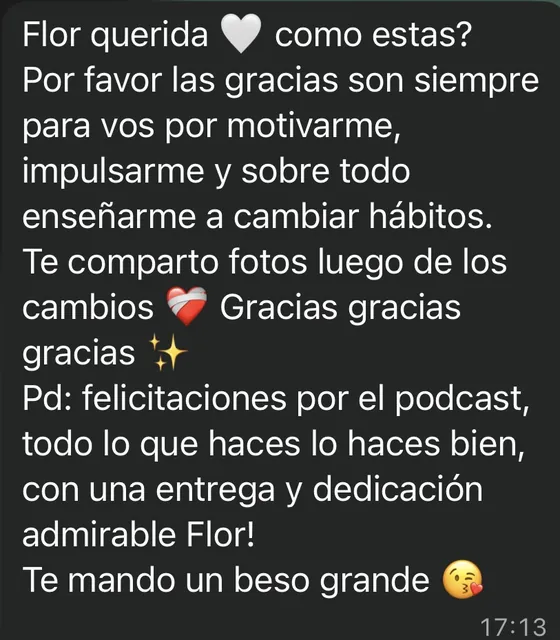 Mensaje de WhatsApp de una clienta agradeciéndole a Flor por enseñarle a cambiar hábitos