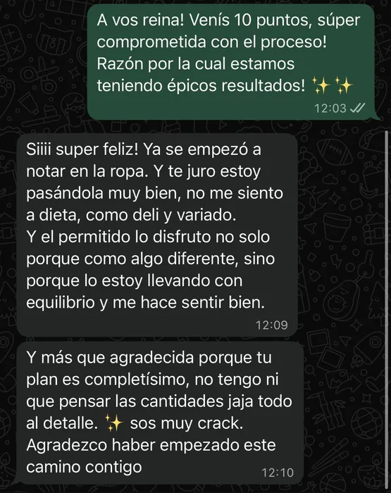 Conversación de WhatsApp de una clienta contando que se le empezó a notar en la ropa y que no se siente a dieta
